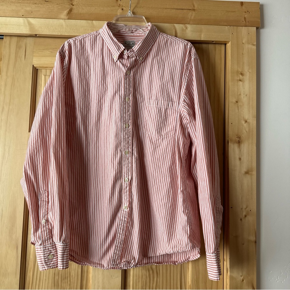 Tailored by J.Crew Button Down Shirt Mens XL Orange Striped Cotton Long Sleeve